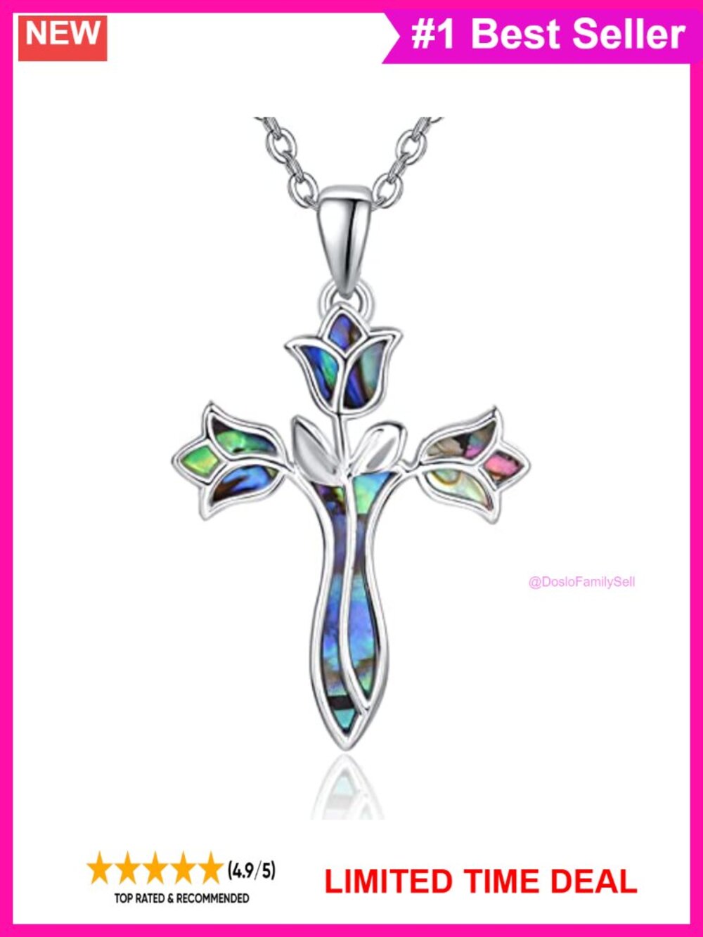 925 Sterling Silver Tulip Cross Pendant Necklace Adjustable Chain